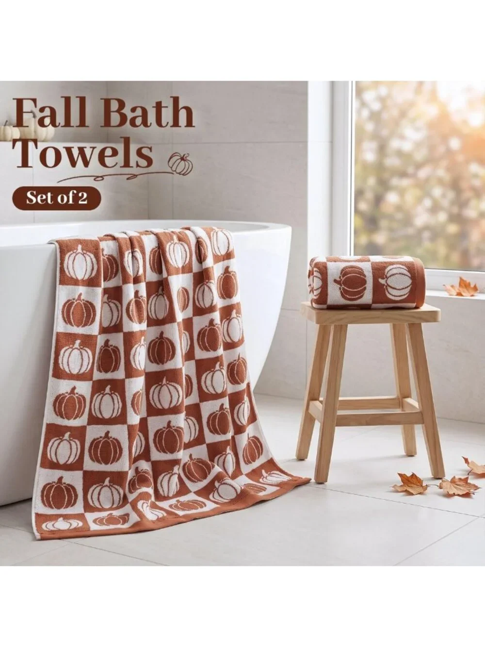 Cozy Fall Bath Towels Set of 2, Checkered & Pumpkin Design, Soft Cotton 27.5